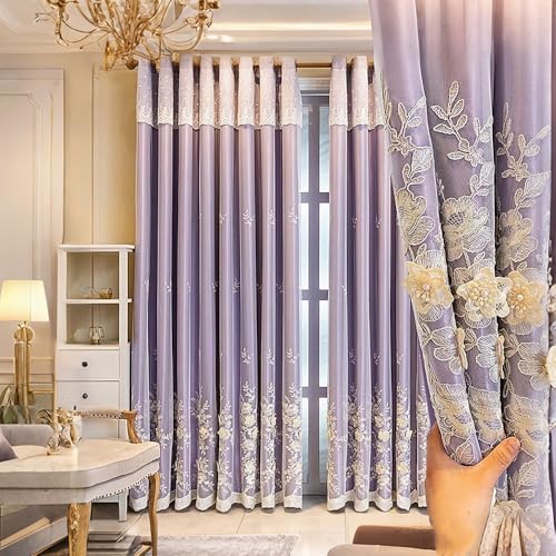 Amidoudou 1 Pair European 3D Flower Luxury Embroidered Curtains Double Layer Curtains with Valance for Living Room Bedroom (Purple,52x84 Inch) - color: Purple, size: 52"W x 84"L (Pack of 2)