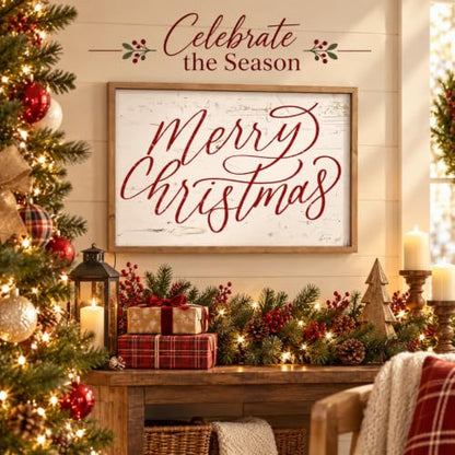 Merry Christmas Wall Decor Art, 23.6"×15.7" Large Wooden Sign - color: white-red