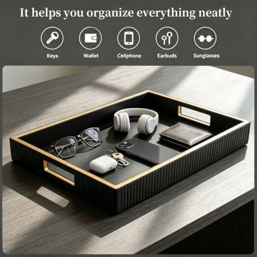 SANZIE Leather Tray Desktop Storage Organizer, Rectangle Valet Tray, Black - color: Black Holder