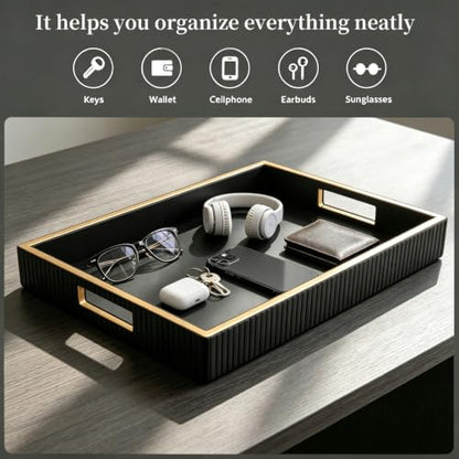 SANZIE Leather Tray Desktop Storage Organizer, Rectangle Valet Tray, Black - color: Black Holder