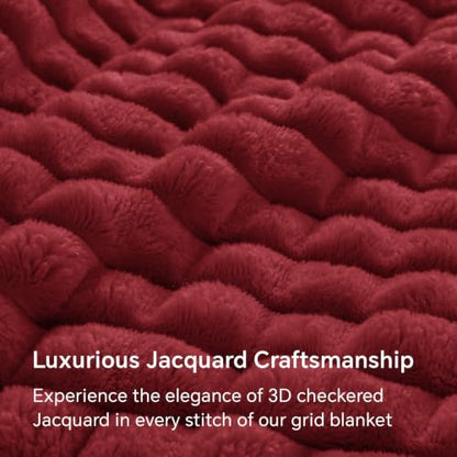 BEDELITE 3D Checked Burgundy Fleece Throw Blanket for Couch, 50x60 Inches - color: Burgundy, size: Throw(50"x60")