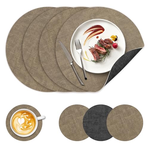 NCUE 13" Faux Leather Round Placemats Set of 4, Reversible Dual-Color - color: Deep Gray Light Coffee