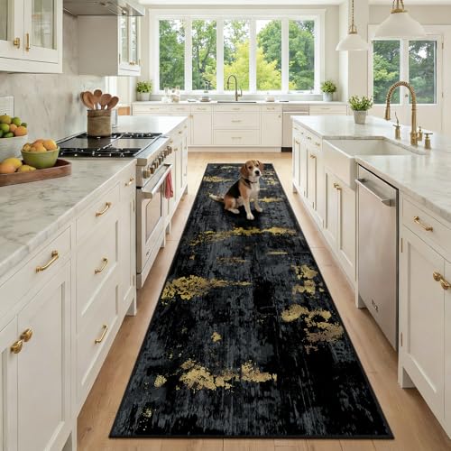 RELEANY Washable Runner 2'6"x10' Abstract Area Rug for Hallway Black Gold - color: Black/Gold, size: 2'6" x 10' (Runner)