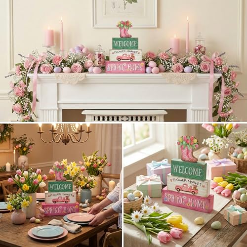 4Pcs Fall Decorations, Wooden Table Decor for Thanksgiving (Spring)