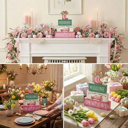 4Pcs Fall Decorations, Wooden Table Decor for Thanksgiving (Spring)