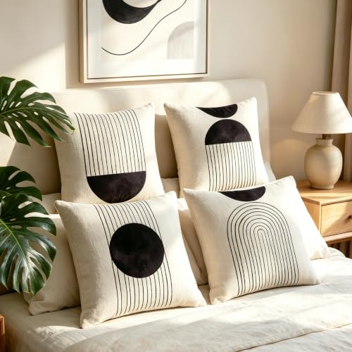 IcosaMro Black and White Boho Throw Pillow Covers 18x18 Set of 4 Beige - color: Mid Century Arched Geometry