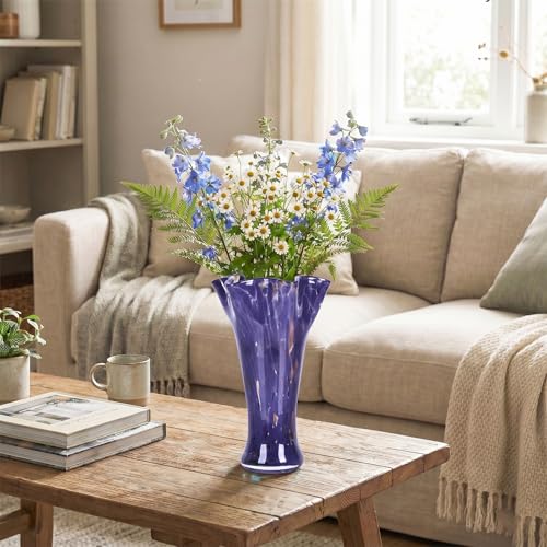 9.0" H Purple Glass Vases for Flower, Unique Hand Blown Glass Vase - color: Purple