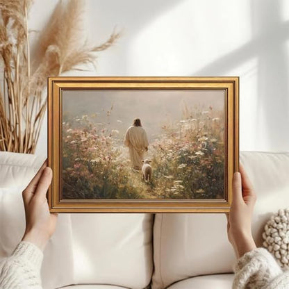 Gold Framed Jesus Wall Art Jesus Leaves The 99 Sheep Pictures 16x24 Inch - color: Jesus, size: 24"L x 16"W