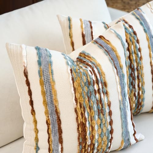 Aeckself Boho Pillow Covers 18x18 Inch Set of 2, Farmhouse Decorative Striped Square Chenille Tufted Accent Neutral Throw Pillow Covers for Living Room Couch Bed, Orange White - color: Orange White