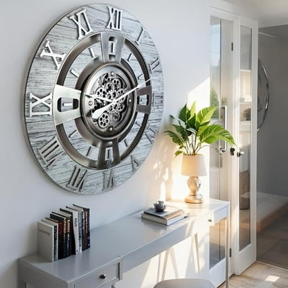 ImprovingLife The Gears Clock Real Moving Gear Wall Clock England Line (Silver Grey, 24 inches (60 cm)) - color: Silver Grey, size: 24 inches (60 cm)