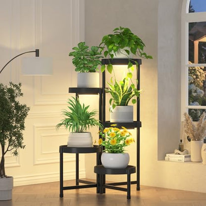 iDavosic.ly 5 Tier Folding Plastic Plant Stand Indoor, Grow Light, Black - color: Black with Light, size: 5 Tiers