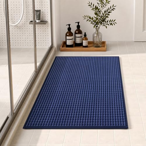 tchdio Bath Mat, Absorbent Bathroom Mat Quick Dry, Thin Bathroom Rugs Fit Under Door, Non Slip Washable Bath Rugs with Solid Rubber Backing, Low Profile Bath Mats for Bathroom, Blue, 16" x 24" - color: Blue, size: 2' x 1'4" (Rectangular)