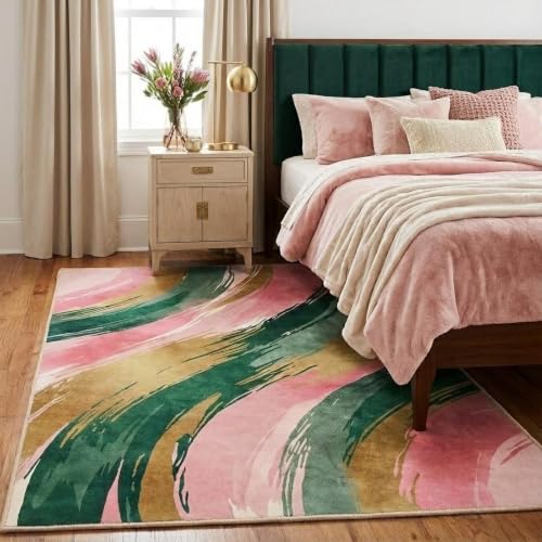 5x7 Pink and Green Area Rug, Modern Abstract Brushstroke Design - color: Pink/Green/Gold, size: 5' x 7' (Rectangular)
