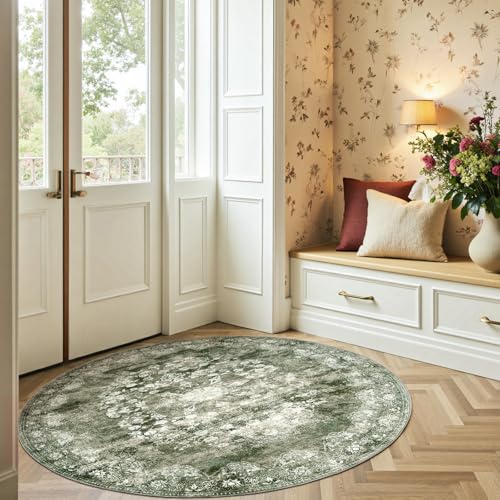 jinchan 5ft Vintage Floral Round Rug, Circle Washable Rug, Forest Green - color: Forest Green, size: 5' (Round)