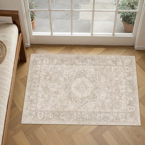 PureCozy 2x3 Washable Small Entryway Rug Beige Vintage Oriental Medallion - color: Beige, size: 2' x 3' (Rectangular)