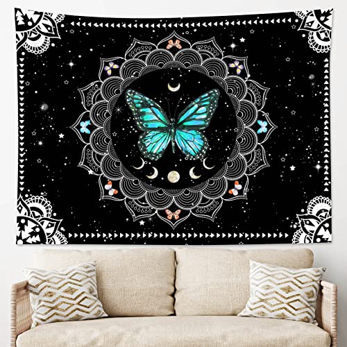LB Butterfly Wall Tapestry Trippy Teal Butterfly Tapestries Black and White Bohemian Mandala Wall Hanging Vintage Moon Phase Tapestry for Bedroom Living Room Decor Home Decor 48Wx36L Inches - color: Teal, size: 36"L x 48"W