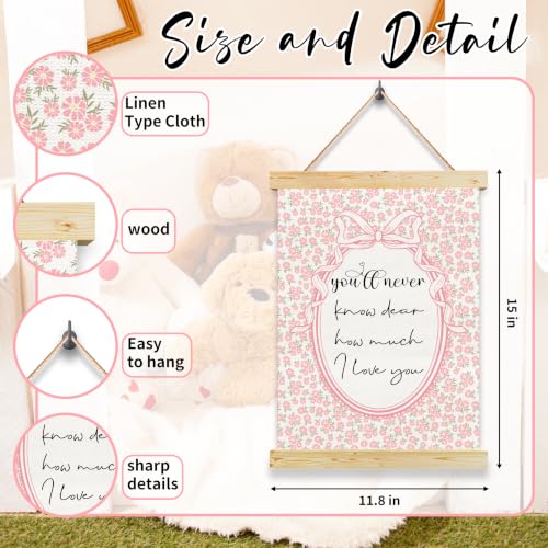 Pink Flower Bow Nursery Wall Art, You'Ll Never Know Dear How Much I Love You Canvas Poster, Girl Room Kids Bedroom Playroom Home Decor, Baby Room Decorations - color: pink