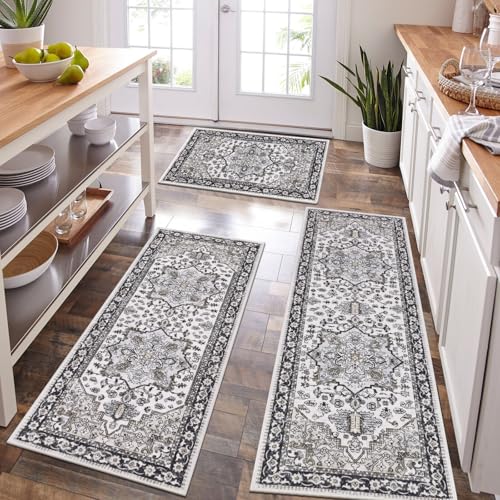 HEBE Boho Kitchen Rugs Set of 3, Non Slip Washable Kitchen Mats for Floor - color: Black/Brown, size: 20"x32"+20"x48"+20"x59"