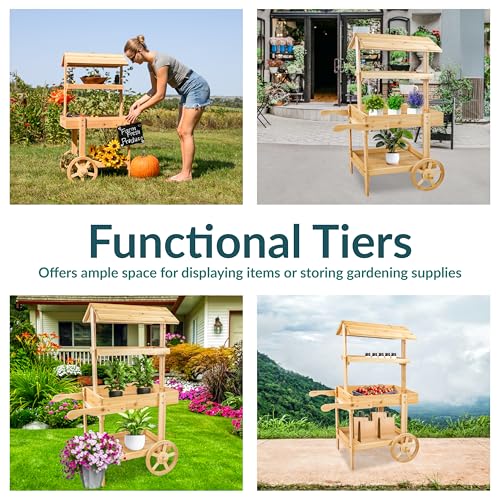 Sunnydaze Flower Cart Display Stand with Wheels, Fir Wood, 49” H, Natural - color: Natural