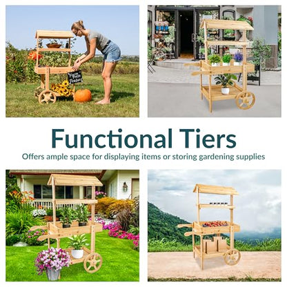 Sunnydaze Flower Cart Display Stand with Wheels, Fir Wood, 49” H, Natural - color: Natural