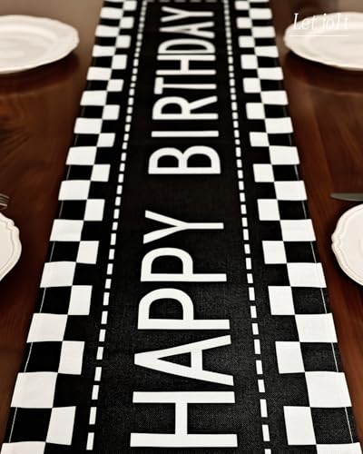 Letjolt Happy Birthday Table Runner Black Checkerboard 72 Inches - color: Black White Check, size: 12x72 Inches