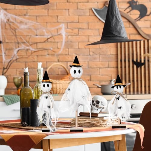 Tellegloww 3 Pcs Halloween Ghost Centerpieces Wooden Stand with Witch Hat
