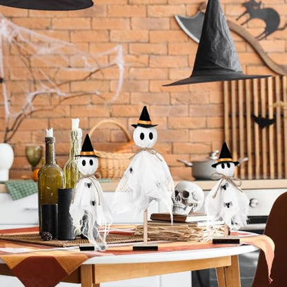 Tellegloww 3 Pcs Halloween Ghost Centerpieces Wooden Stand with Witch Hat