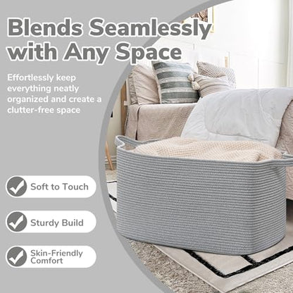 Goodpick Large Woven Rope Blanket Basket, Rectangle, Gray, 75L - color: Grey, size: Large(21.6"L x 14.9"W x 11.8"H)