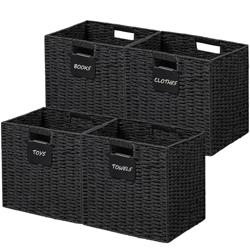 UBBCARE 4 Pack Wicker Basket, 10.5×10.5 Storage Cubes with Label, Foldable Cube Storage Bin with Handle, Square Storage Basket for Shelves, Woven Paper Rope Basket for Organizing, Black - color: Black, size: 4pack-10.5L×10.5H×9.5W