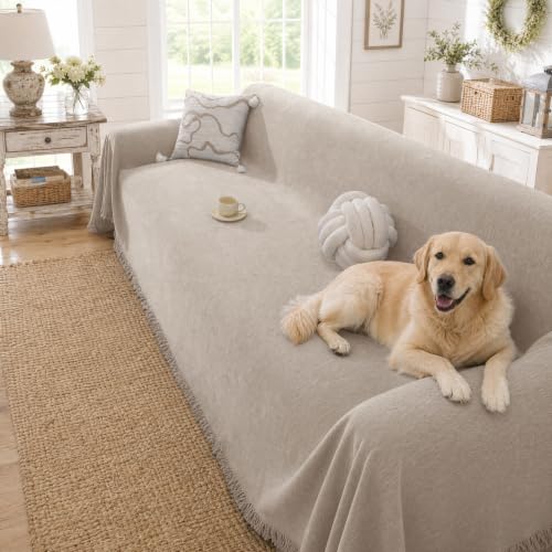 Chenille Couch Cover for Dogs Washable Boho Throw Blanket Washable - color: 01 Khaki, size: 71"×91"