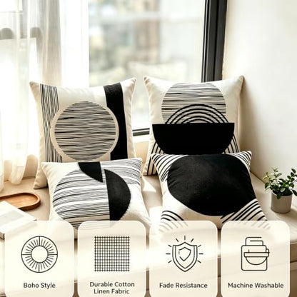 IcosaMro Boho Pillow Covers 18x18 Set of 4 Black and White Mid Century - color: Black Strip & Circle