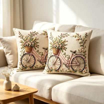 2D Flat Pink Bicycle Flower Basket Linen Throw Pillow Covers 18x18 Set of 2 - color: A20024, size: 18" x 18" (Pack of 2)