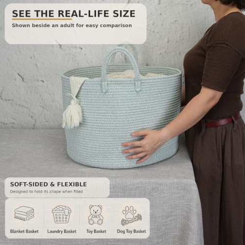 XUANGUO 66L Large Blanket Basket, Round Cotton Rope Basket, Light Green - color: light green