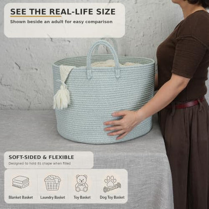 XUANGUO 66L Large Blanket Basket, Round Cotton Rope Basket, Light Green - color: light green