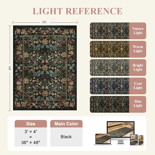 DUKINO 3x4 Area Rug for Entryway Washable Vintage Floral Rug Non Slip Black - color: Black, size: 3' x 4' (Rectangular)
