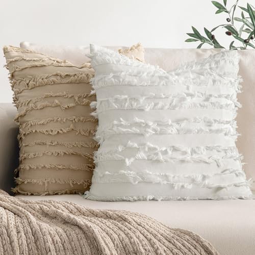 MIULEE Boho Linen Striped Throw Pillow Covers 18x18, White - color: White, size: 18" x 18" (Pack of 2)