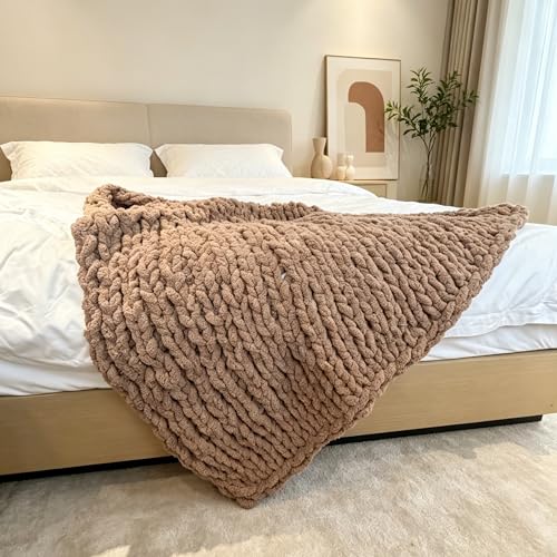 Soft Chunky Knit Throw Blanket for Couch, Cozy Warm Knitted Blankets - color: Light Brown, size: 48"x71"(Large Size Throw)