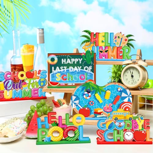 CroBlissful 6 Pcs Schools Out for Summer Signs, Hello Summer Wooden Decor - style: Summer