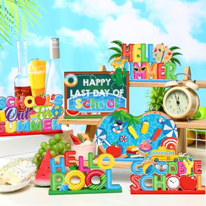 CroBlissful 6 Pcs Schools Out for Summer Signs, Hello Summer Wooden Decor - style: Summer