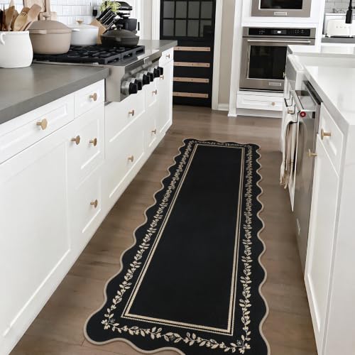 Rugalia Scalloped Easy Jute Kitchen Runner Rug 2x6 Black Hallway Rugs - color: Black Floral, size: 2' x 6' (Runner)