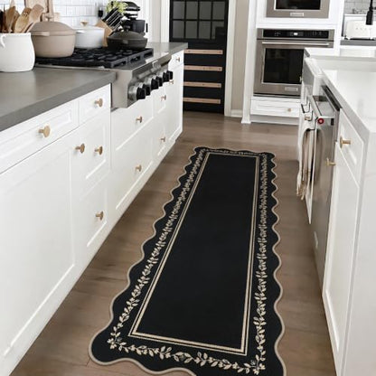 Rugalia Scalloped Easy Jute Kitchen Runner Rug 2x6 Black Hallway Rugs - color: Black Floral, size: 2' x 6' (Runner)