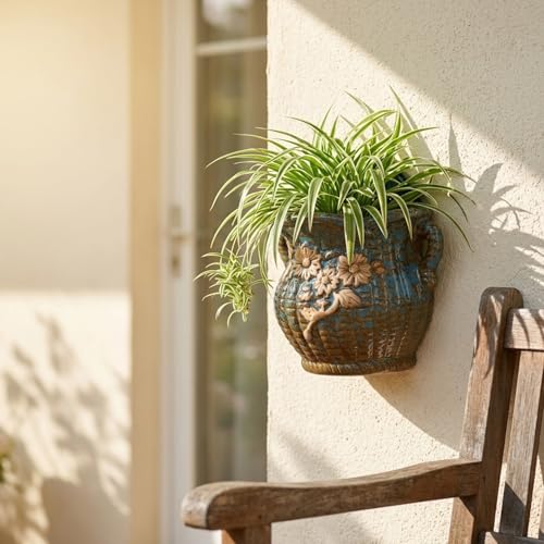Ceramic Wall Planter for Indoor and Outdoor Plants, Decorative Ceramic Hanging Planter with Drainage Hole, Wall Hanging Flower Pot for Succulents, Herbs, Patio, Fence, Porch and Garden Decor -(Flower) - color: Embossed - Sunflower