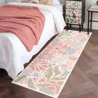 MUJOO Pink Washable 2x6 Runner Rugs Floral Area Rugs Non Slip Low-Pile - color: Pink, size: 2' x 6' (Rectangular)