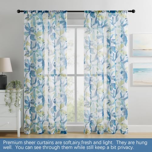 Farmhouse Sheer Curtains 96 Inch Length for Living Room 2 Panels - color: Leaf | Blue, size: 50"W x 96"L (Pack of 2)