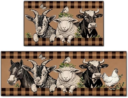 Farm Animals Kitchen Rugs Set of 2, Farmhouse Goat Rooster Highland Cow Horse Floor Mats Home Decor,Plaid Bird Butterfly Door Mat Decorations - 17x30 and 17x47 Inches - color: Farm Animals
