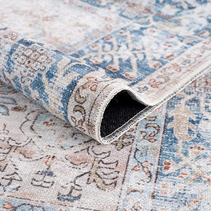 Bloom Rugs Caria Washable Non-Slip 4x6 Rug - Beige/Ocean Blue Traditional Area Rug for Living Room, Bedroom, Dining Room, and Kitchen - Exact Size: 4' x 6' - color: Beige / Ocean Blue, size: 4' x 6' (Rectangular)