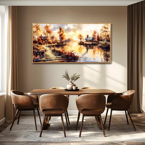 Large Framed Rustic Farmhouse Landscape Wall Art for Living Room, 40x20 In - color: Countryside Painting Wood Framed, size: 40"L x 20"W