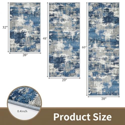 Kitchen Rugs Sets of 3 Non Slip Washable Mats for Floor, Blue - color: Blue
