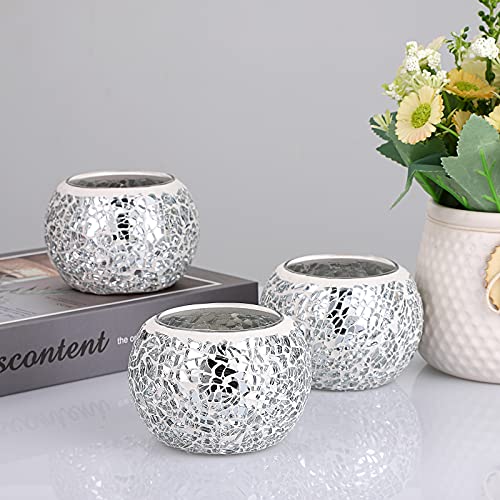 OwnMy 3PCS Mosaic Glass Tea Light Holders Round Bowl Votive Candle Holders - color: Silver