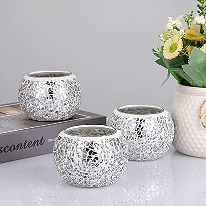 OwnMy 3PCS Mosaic Glass Tea Light Holders Round Bowl Votive Candle Holders - color: Silver
